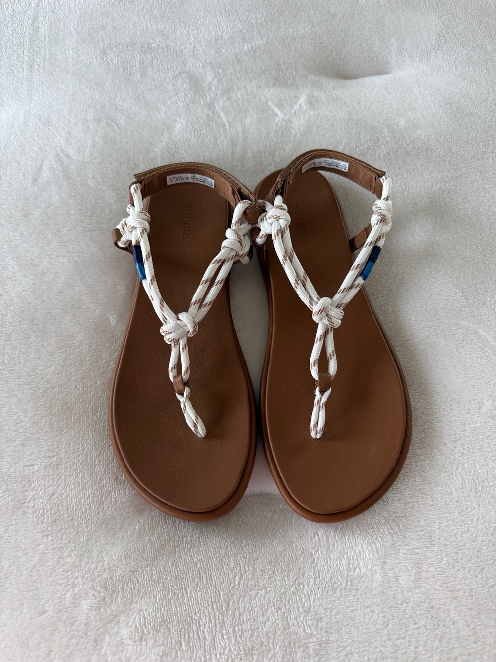 Sperry Brown Sandals with White Braided Rope T-Strap and Blue Accent - Picture 1 of 4